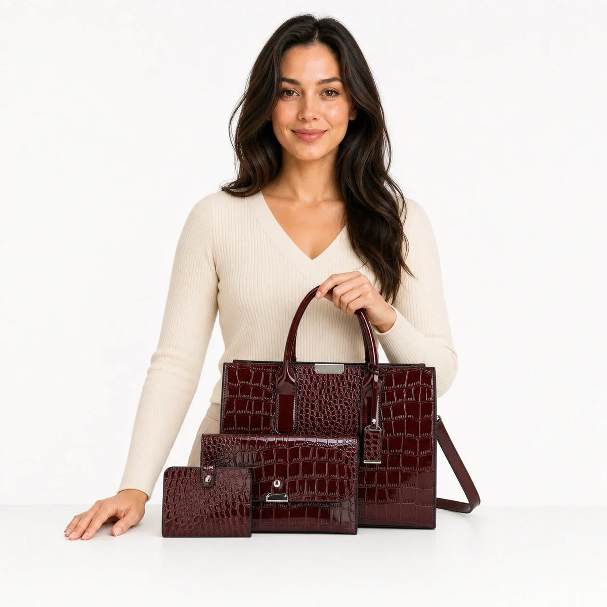 Crocodile Pattern Leather Shoulder Bag Set - Aria