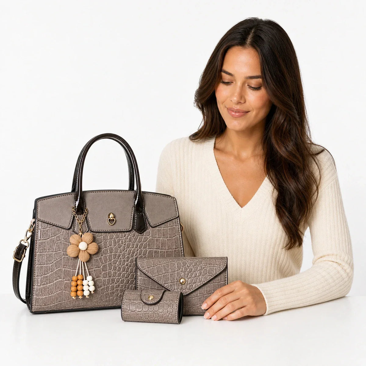Crocodile Embossed Leather Tote Set - LURA