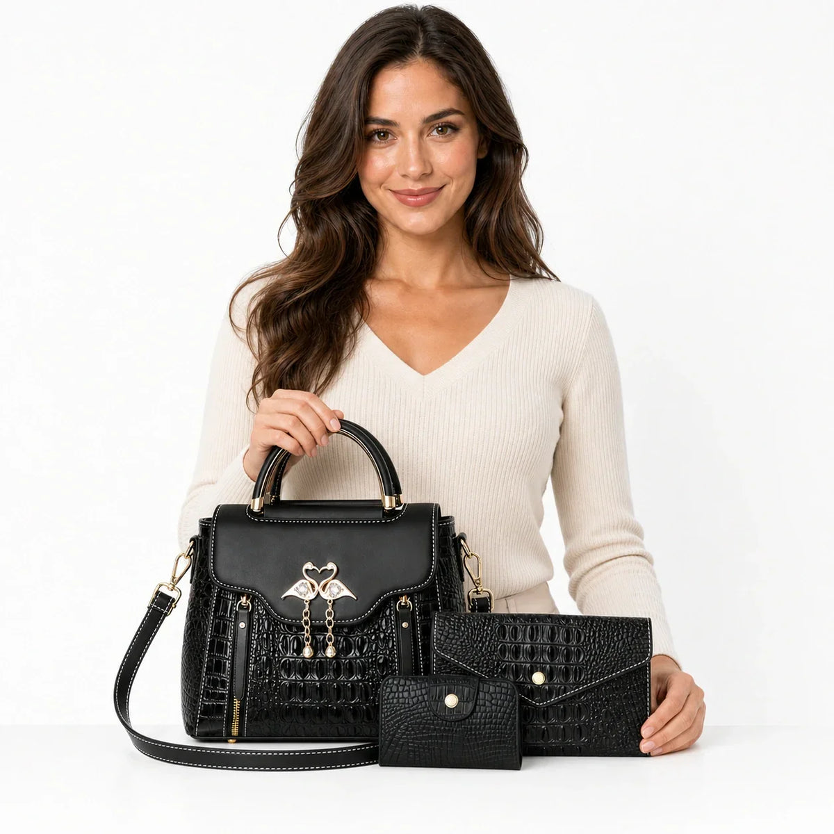 Crocodile Embossed Leather Handbag Set - Vexo
