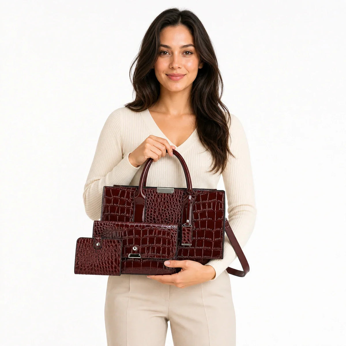 Crocodile Pattern Leather Shoulder Bag Set - Aria