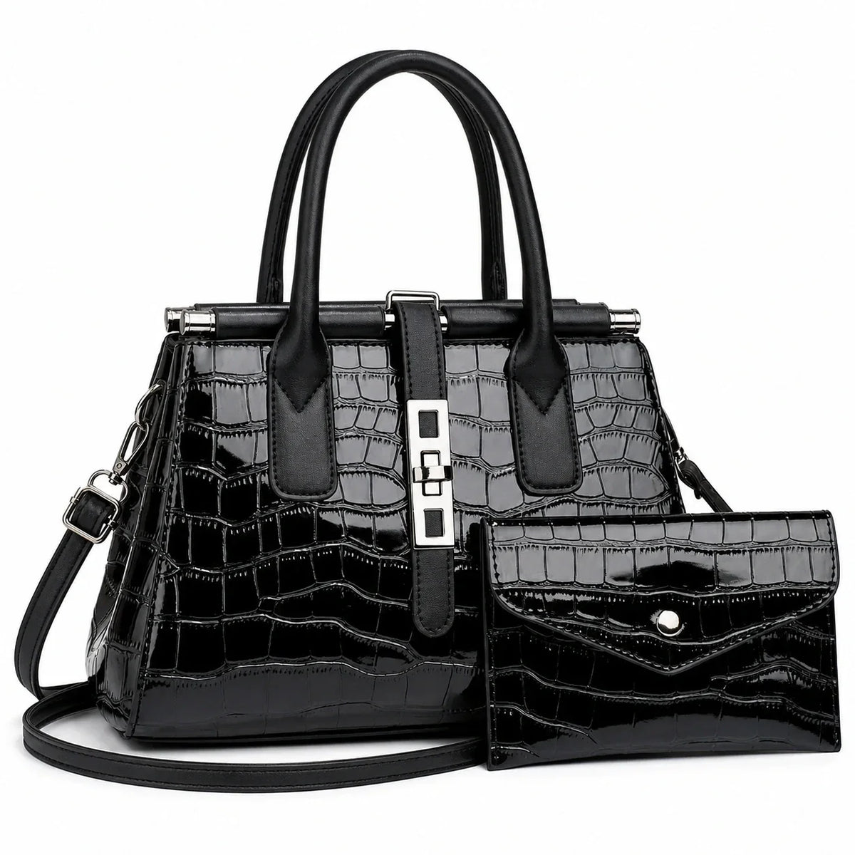 Gradient Crocodile Pattern Plutonium Leather Tote & Crossbody Set - Vero