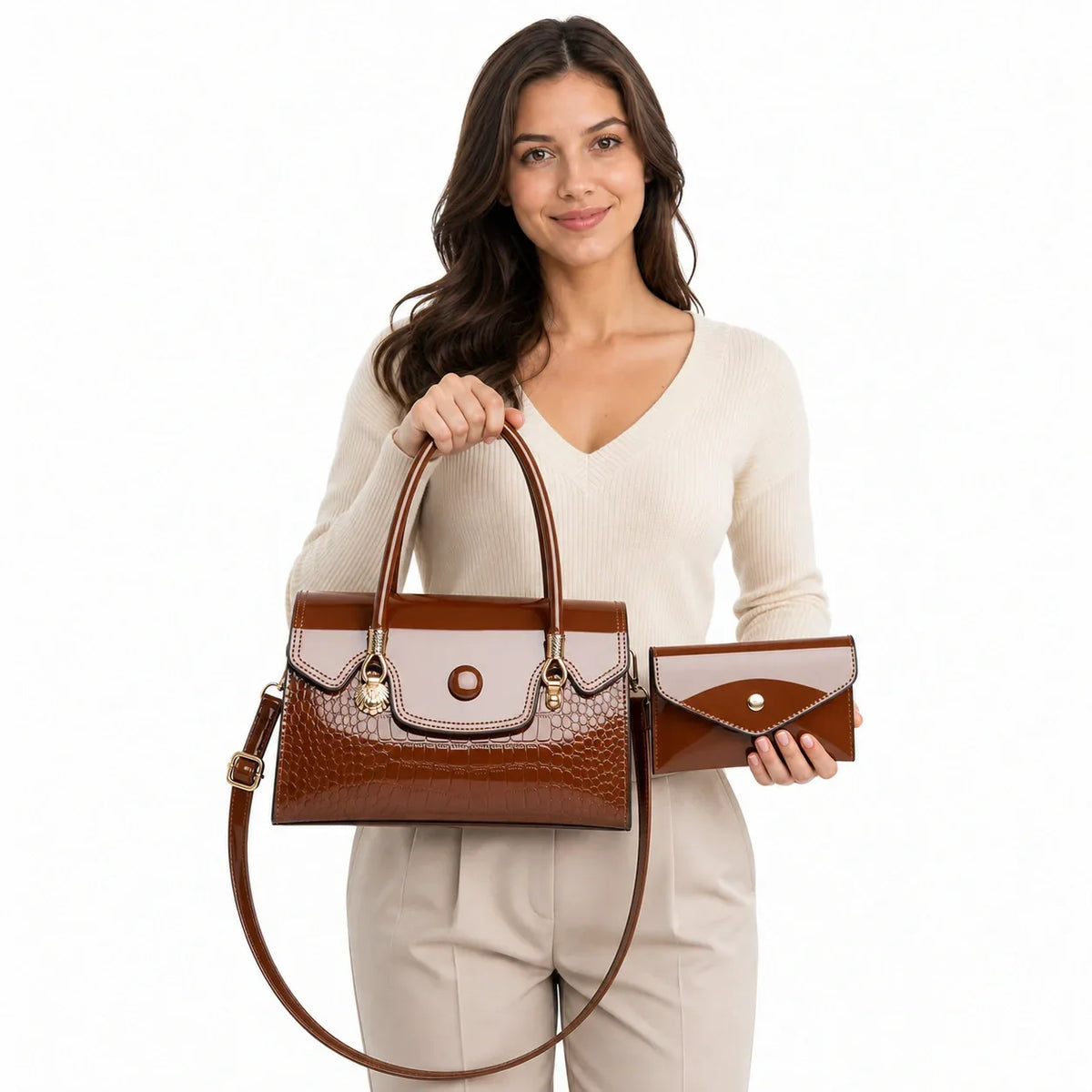 Crocodile Pattern Leather Crossbody Bag & Wallet Set - KIRA