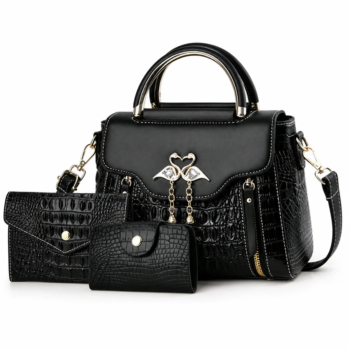 Crocodile Embossed Leather Handbag Set - Vexo