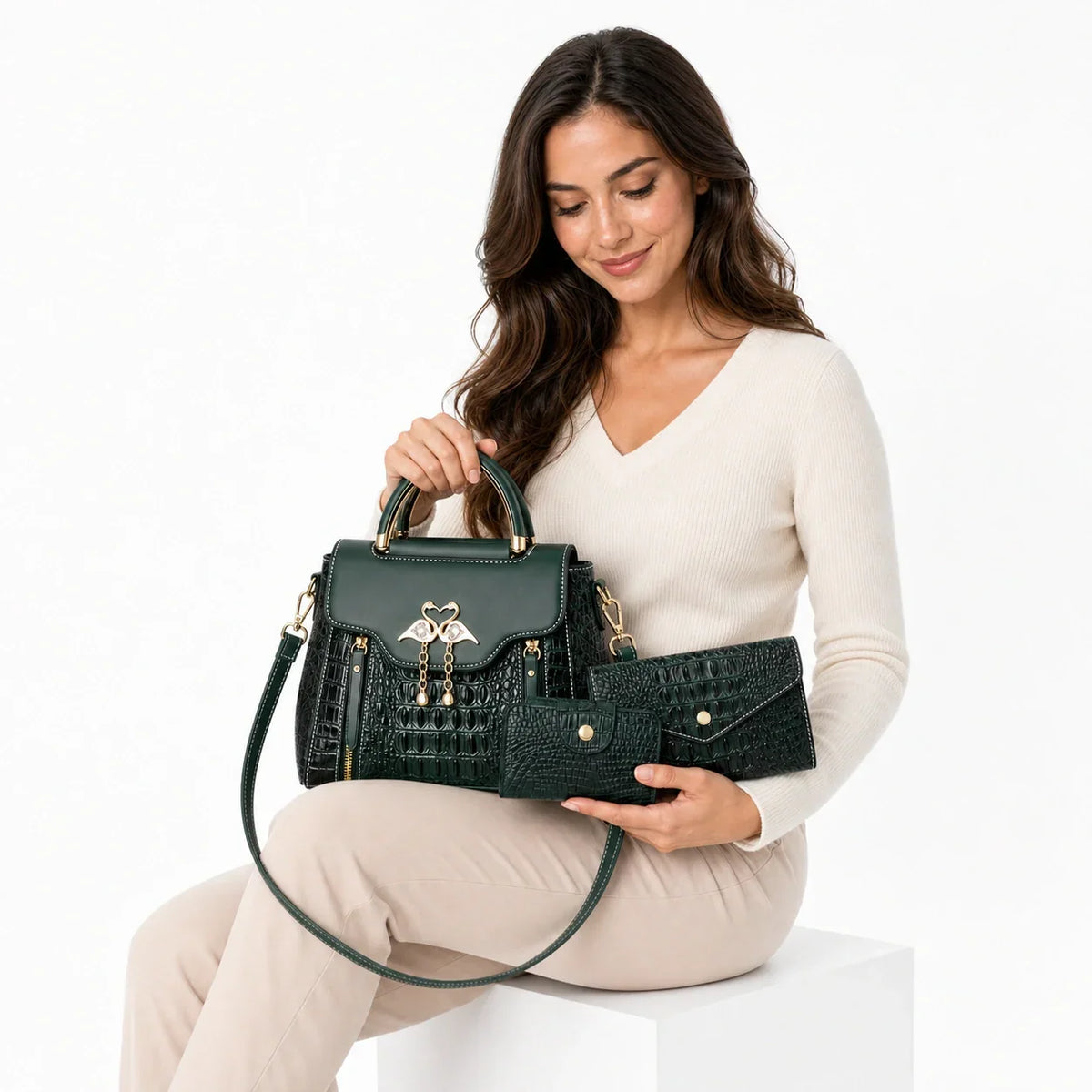 Crocodile Embossed Leather Handbag Set - Vexo