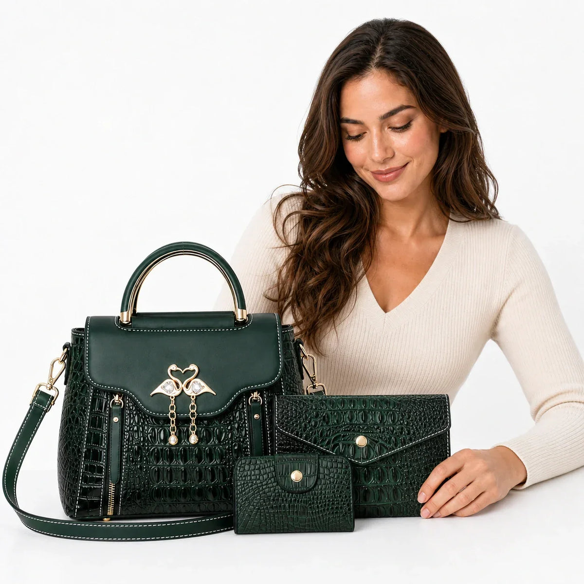 Crocodile Embossed Leather Handbag Set - Vexo