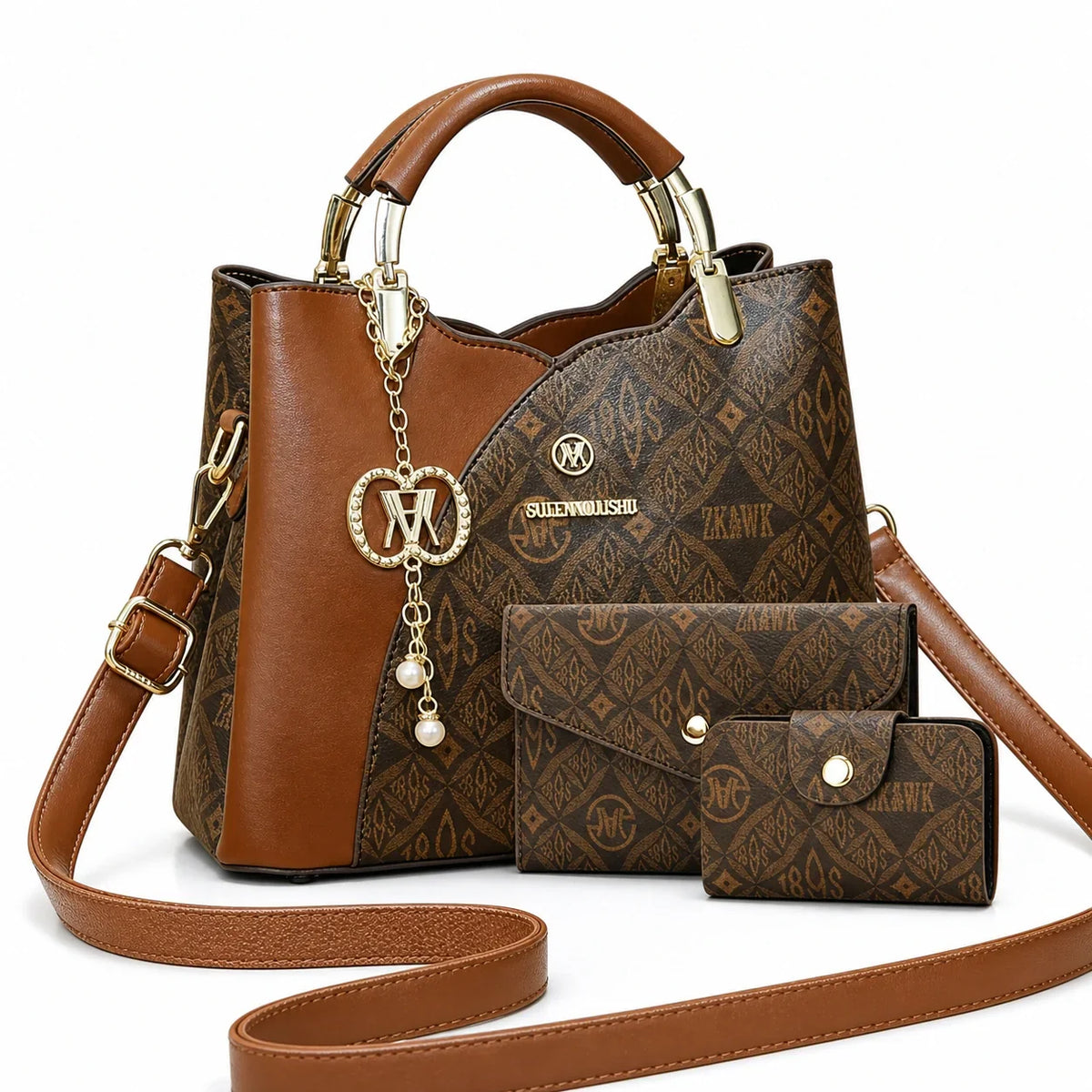 Leather Letter Print Handbag Set - Elys