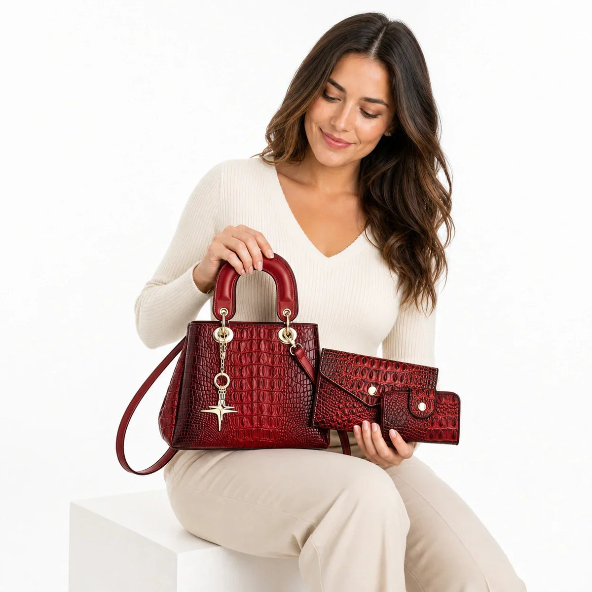 Crocodile-Embossed Leather Bag Set - Vex